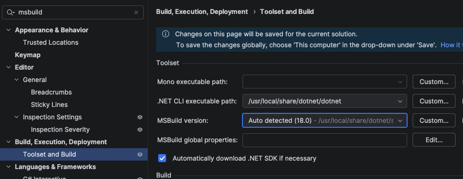 Rider MSBuild settings